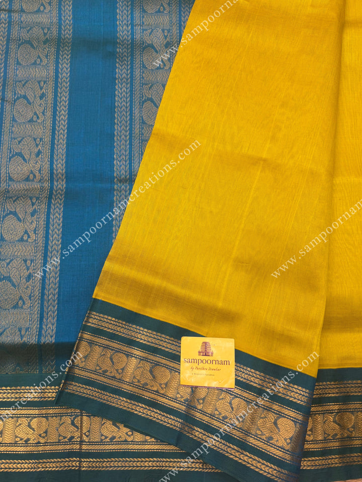 Lemon Yellow with Turquoise Blue  , Traditional borders and Rich Pallu Korvai Silk Cotton Saree
