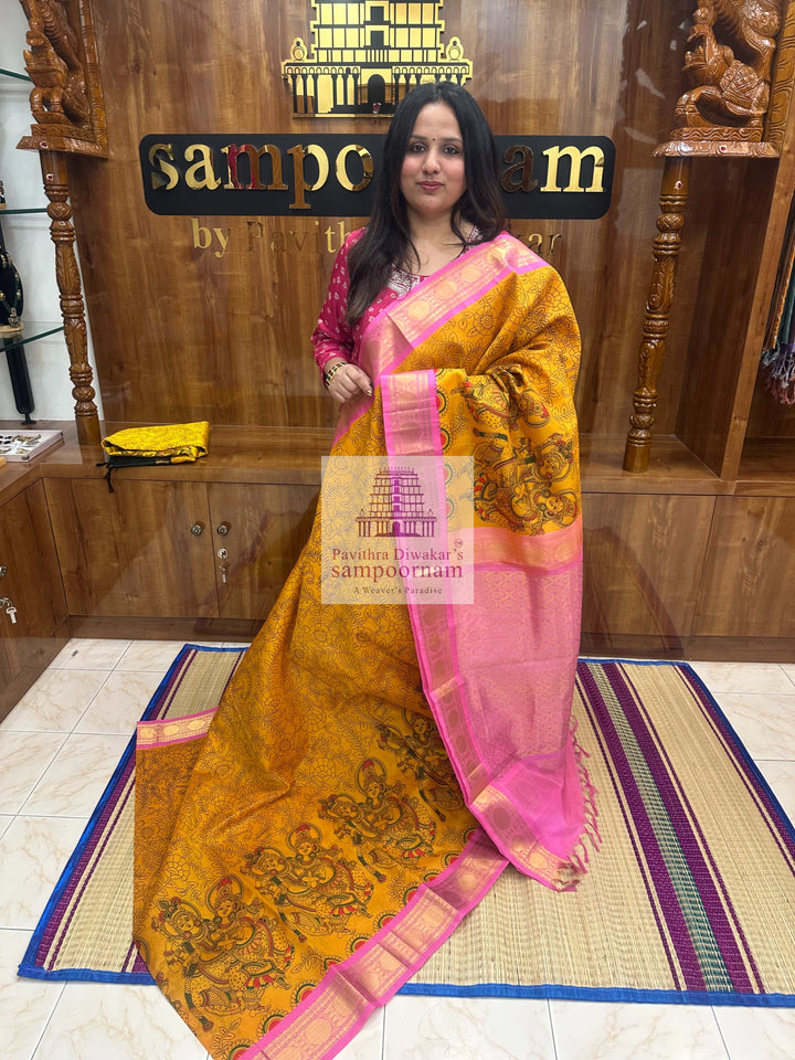 Manjal with Baby Pink traditional borders , rich Pallu Radhakrishna Printed  Korvai Silk Cotton Saree