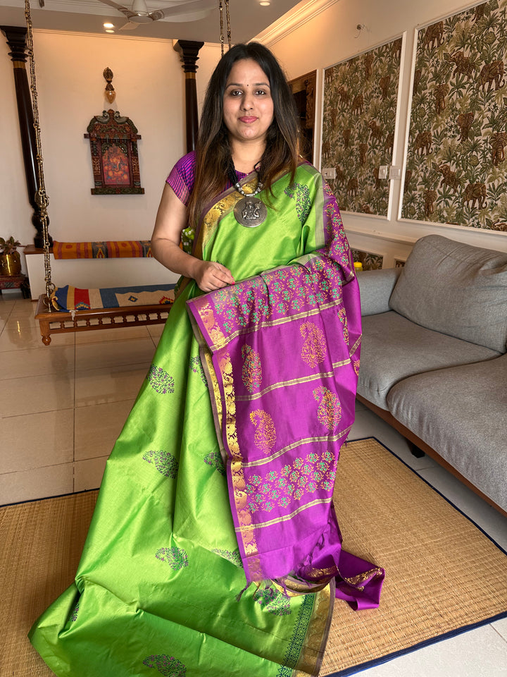 Green With Purple Handblock Printed Semi Silk Cotton