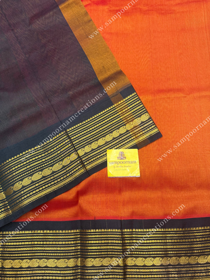 Burnt Orange with Bottle Green  , Traditional borders and Rich Pallu Korvai Silk Cotton Saree