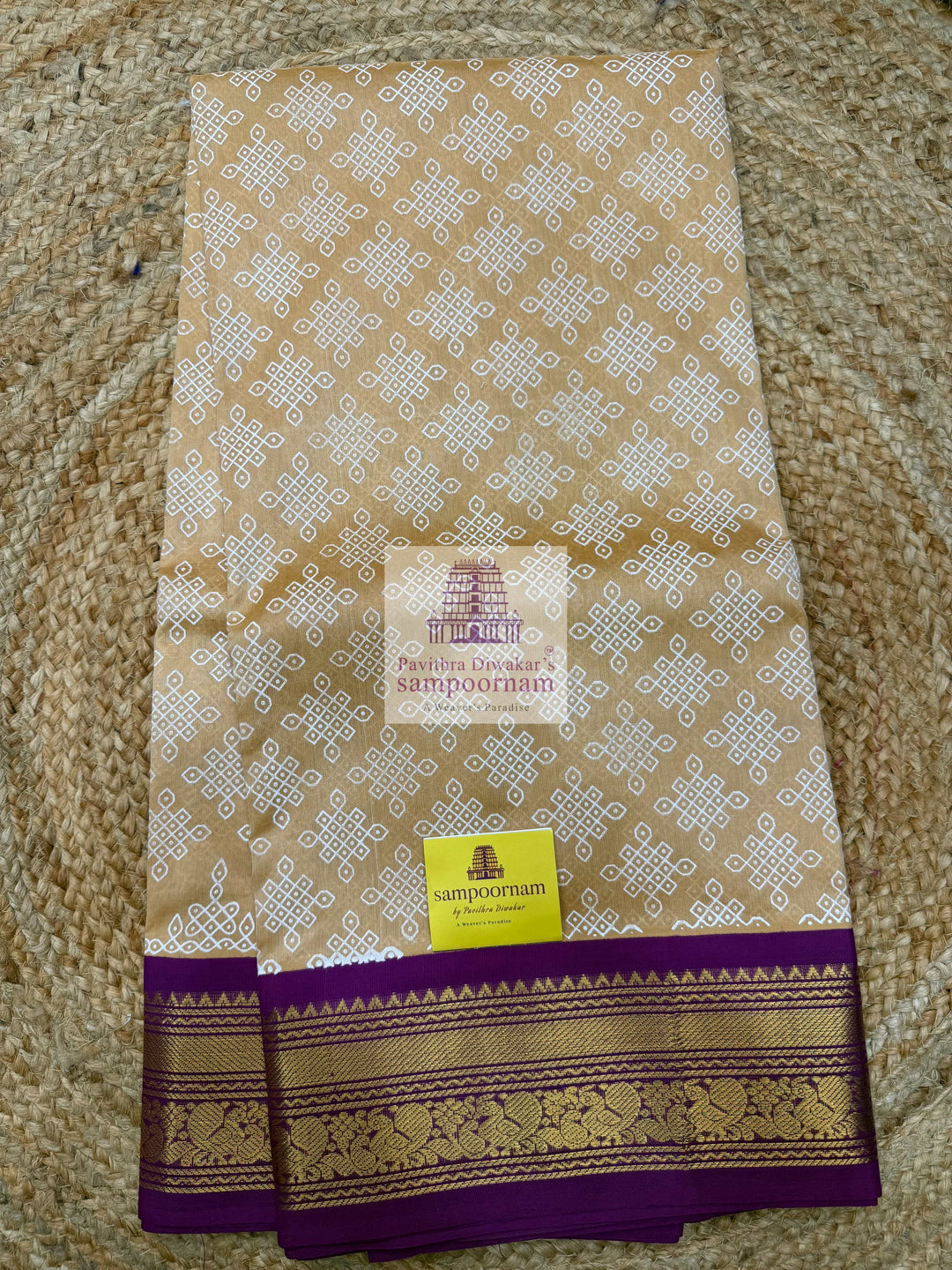 Light Gold with Magenta  , Kolam Prints all over the body , Traditional Rettapet border rich Pallu  Korvai Silk Cotton Saree