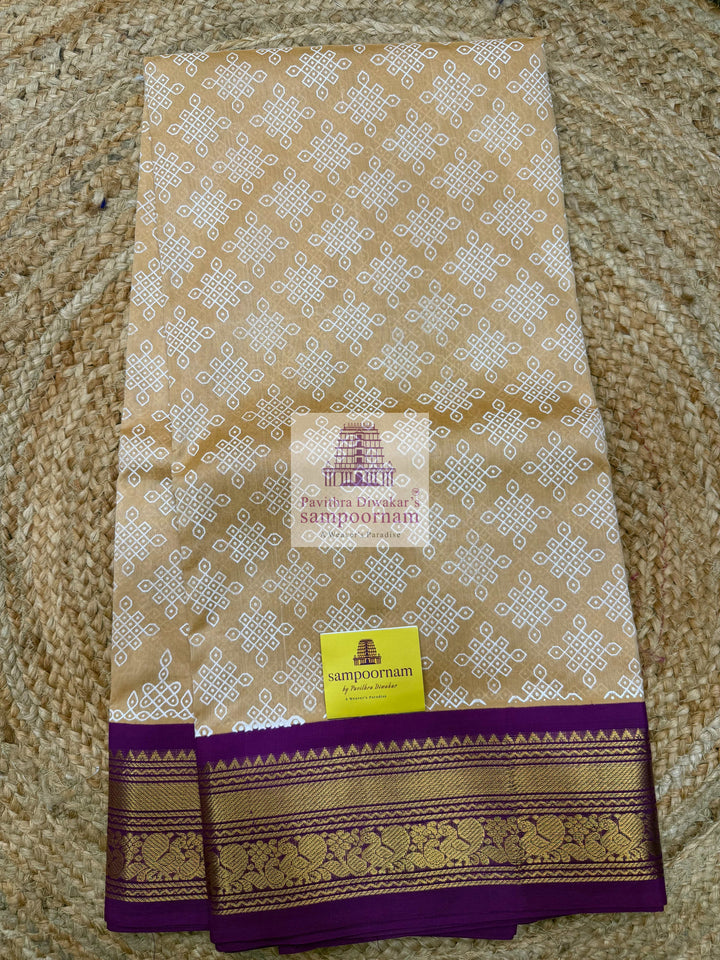 Light Gold with Magenta  , Kolam Prints all over the body , Traditional Rettapet border rich Pallu  Korvai Silk Cotton Saree