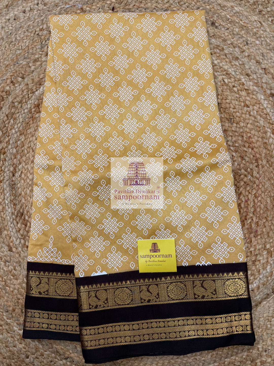 Light Gold with Araku  , Kolam Prints all over the body , rettapet border and rich Pallu , Korvai Silk Cotton Saree