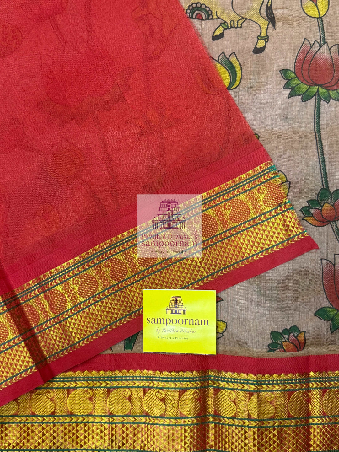 Biscuit with Red ,Traditional Borders and RIch Pallu,  Pichwai Printed Korvai Silk Cotton Saree
