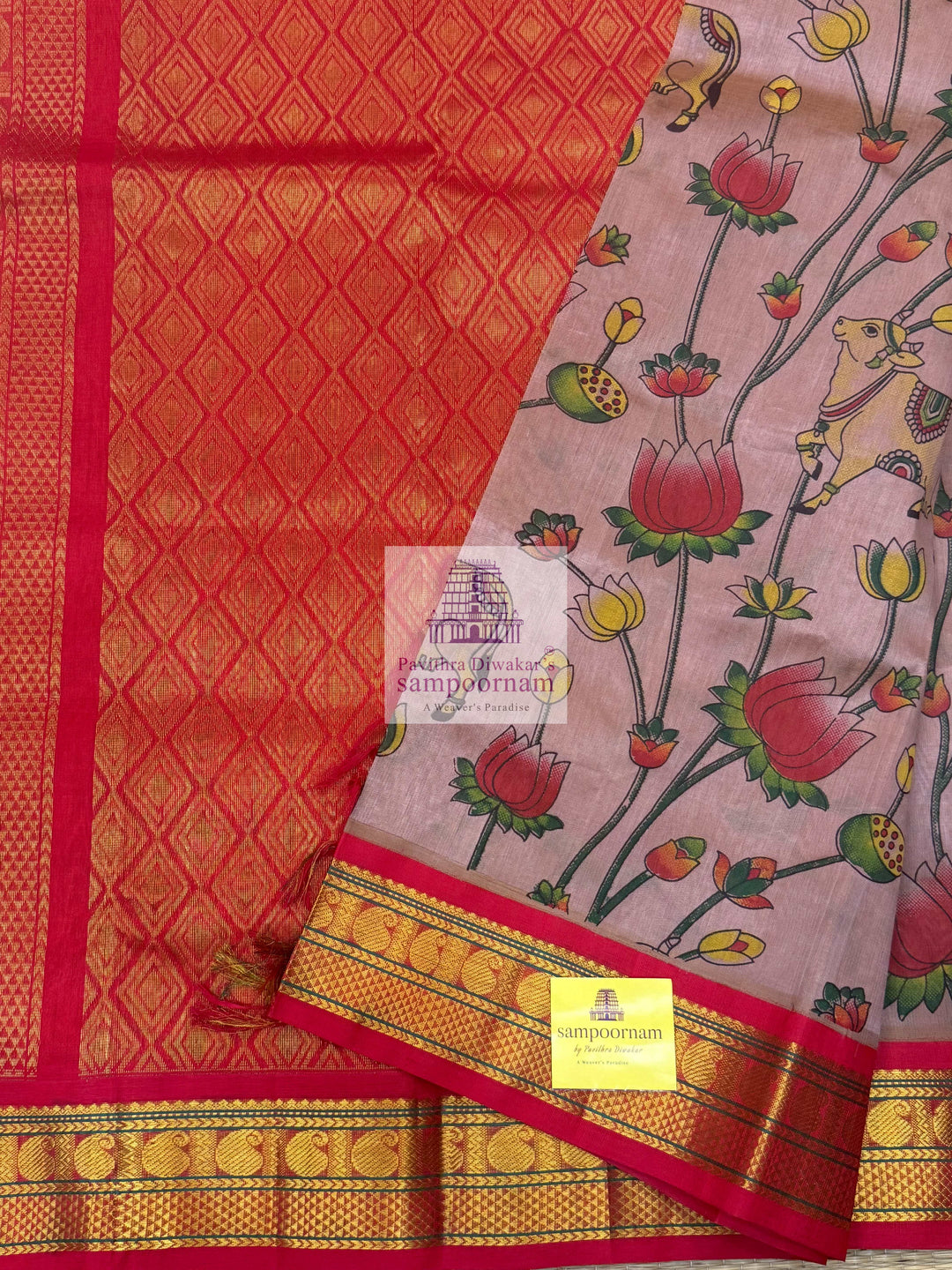 Biscuit with Red ,Traditional Borders and RIch Pallu,  Pichwai Printed Korvai Silk Cotton Saree