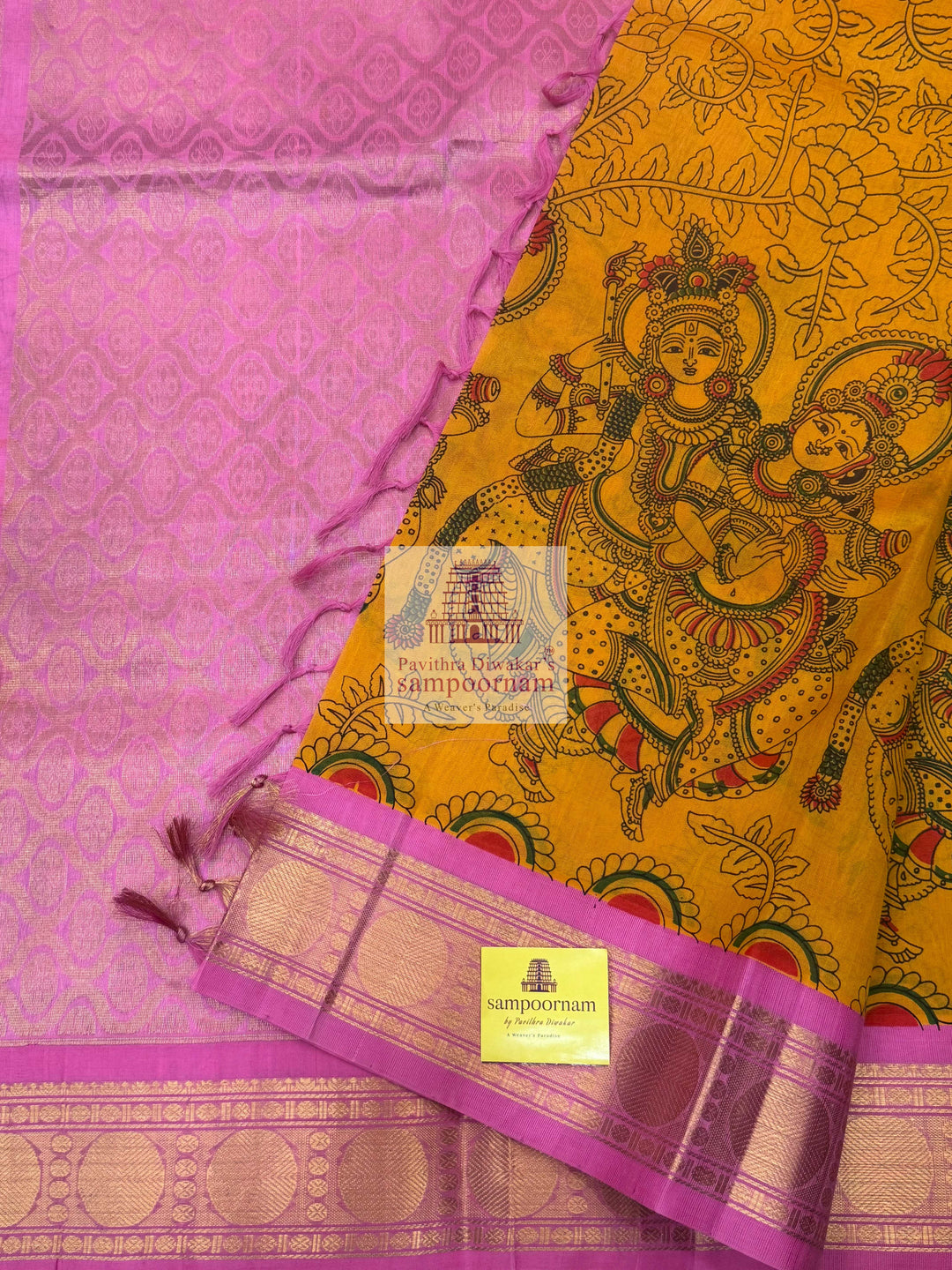 Manjal with Baby Pink traditional borders , rich Pallu Radhakrishna Printed  Korvai Silk Cotton Saree