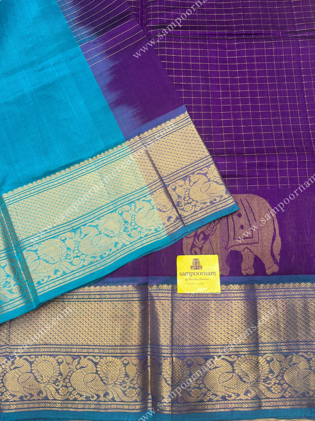 Wine with Turquoise Blue , Zari Checks in the body with One side Elephant Motif in the borders , Rich Pallu Korvai Silk Cotton Saree
