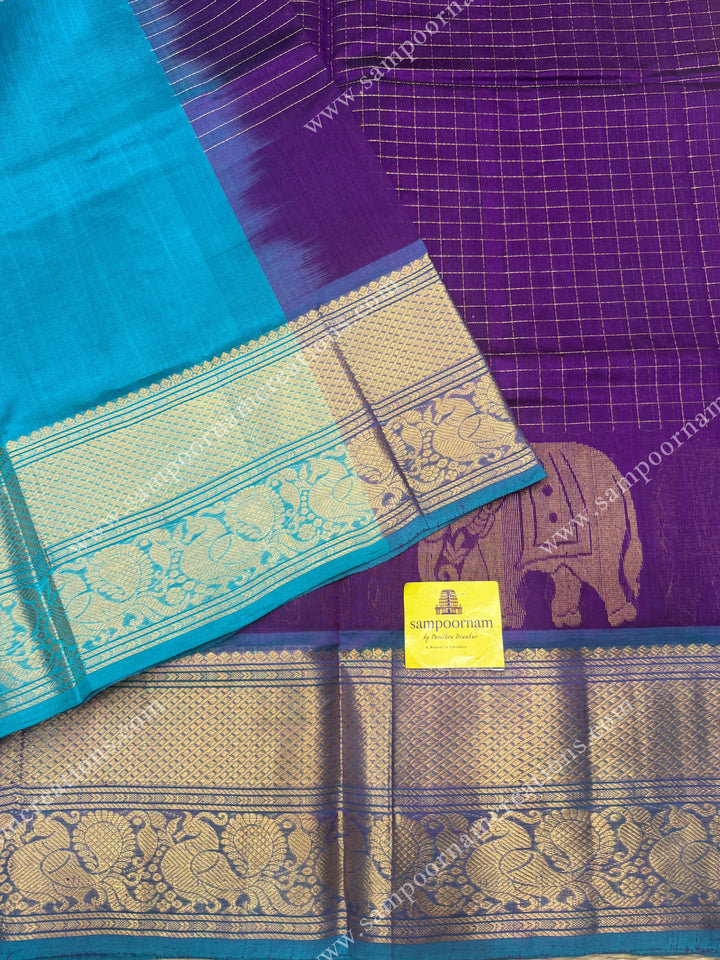 Wine with Turquoise Blue , Zari Checks in the body with One side Elephant Motif in the borders , Rich Pallu Korvai Silk Cotton Saree
