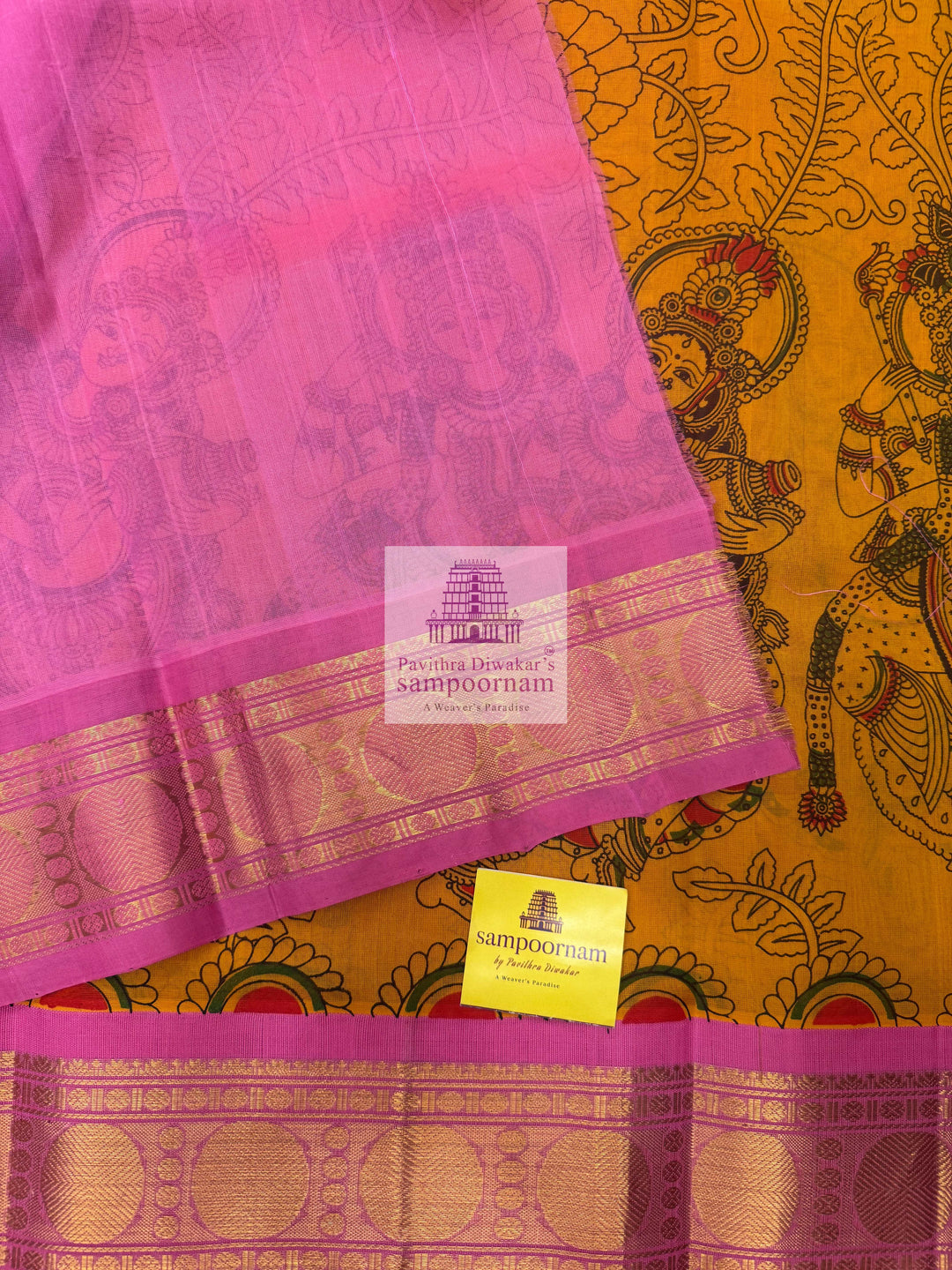 Manjal with Baby Pink traditional borders , rich Pallu Radhakrishna Printed  Korvai Silk Cotton Saree