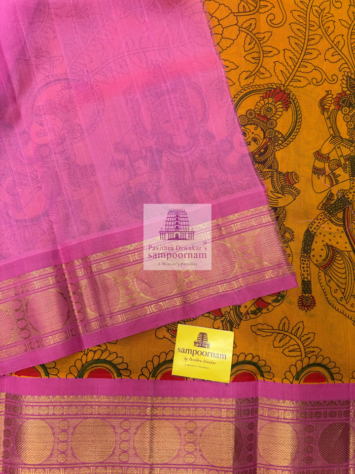 Manjal with Baby Pink traditional borders , rich Pallu Radhakrishna Printed  Korvai Silk Cotton Saree