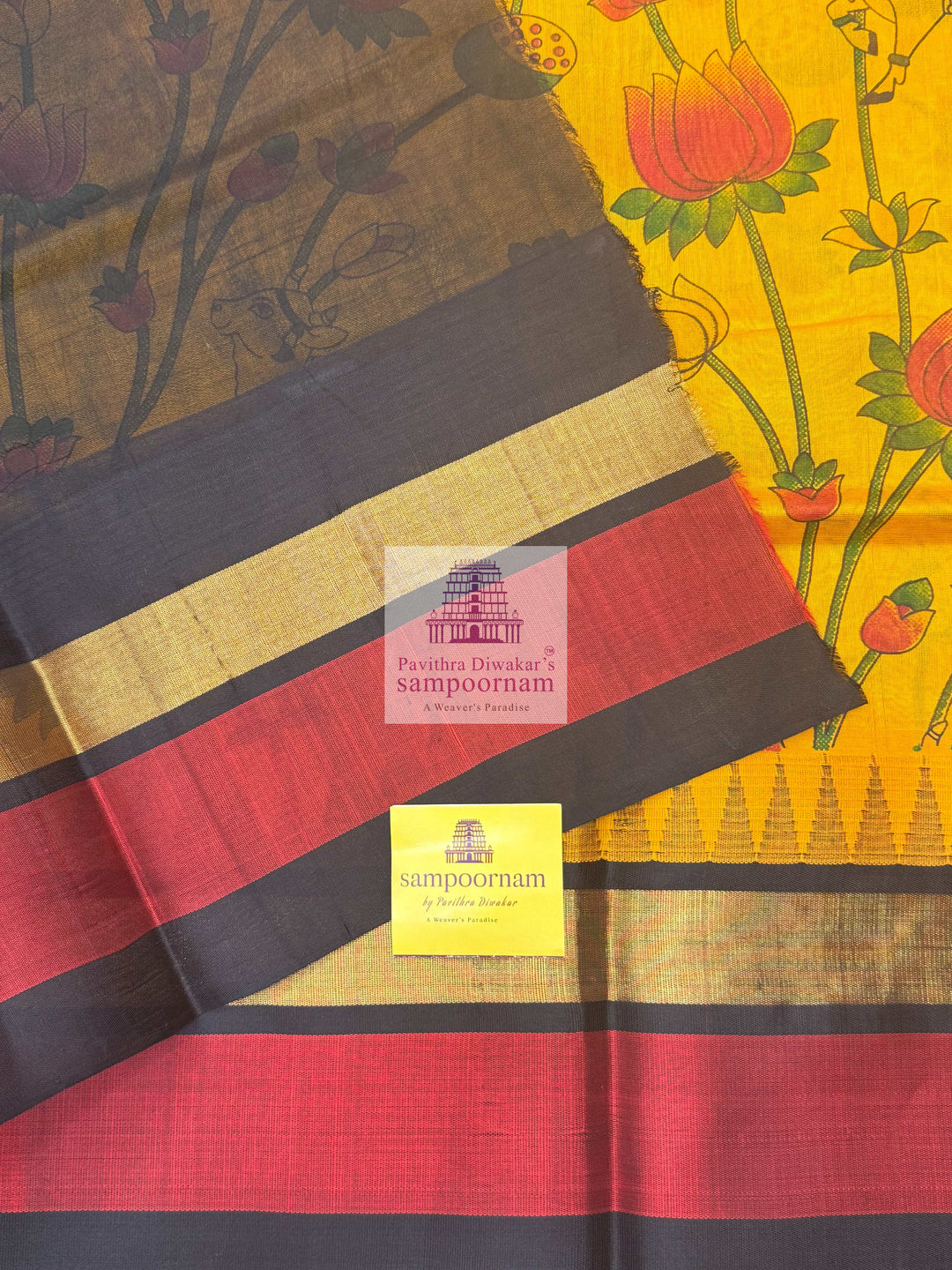 Yellow with Black , Triple colour Temple border and Grand Pallu , Pichwai Printed Korvai Silk Cotton Saree