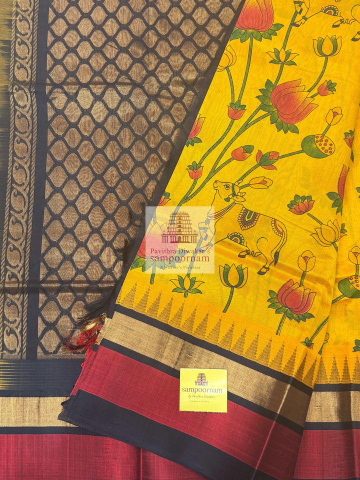Yellow with Black , Triple colour Temple border and Grand Pallu , Pichwai Printed Korvai Silk Cotton Saree