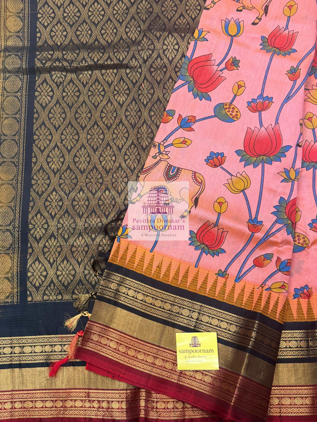 Peach Print with Black, Triple colour Temple border , Pichwai Printed Korvai Silk Cotton Saree