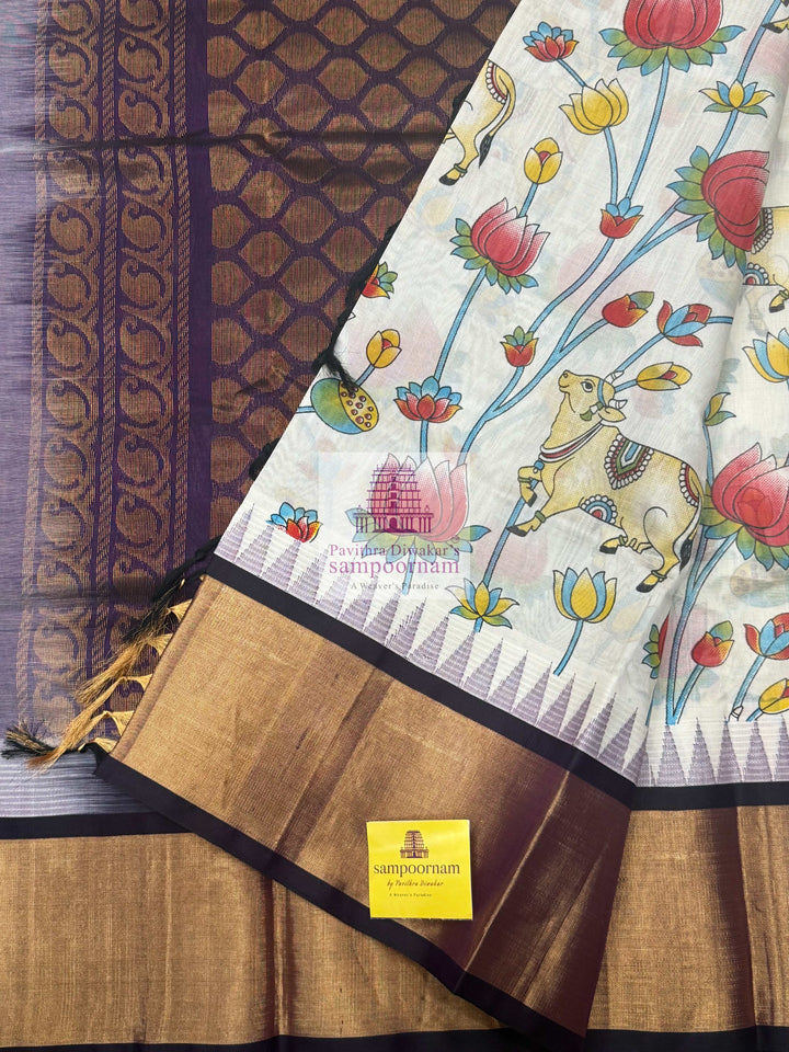 White With Purple, Tissue Temple Border ,Pichwai Printed Korvai Silk Cotton Saree