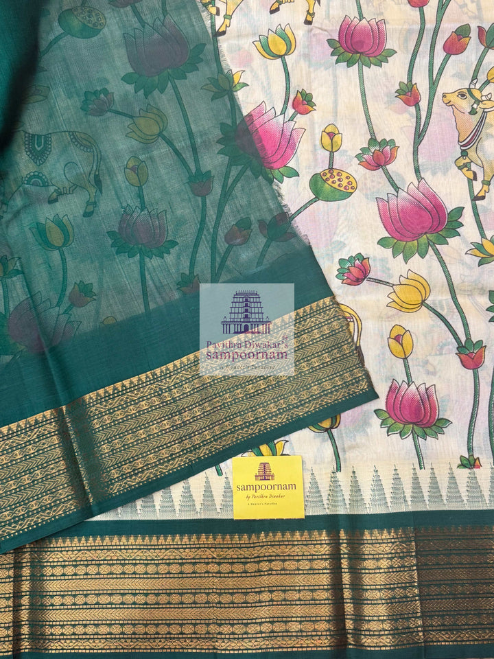 Offwhite with Green , Traditional Temple Border ,Pichwai Printed Korvai Silk Cotton Saree