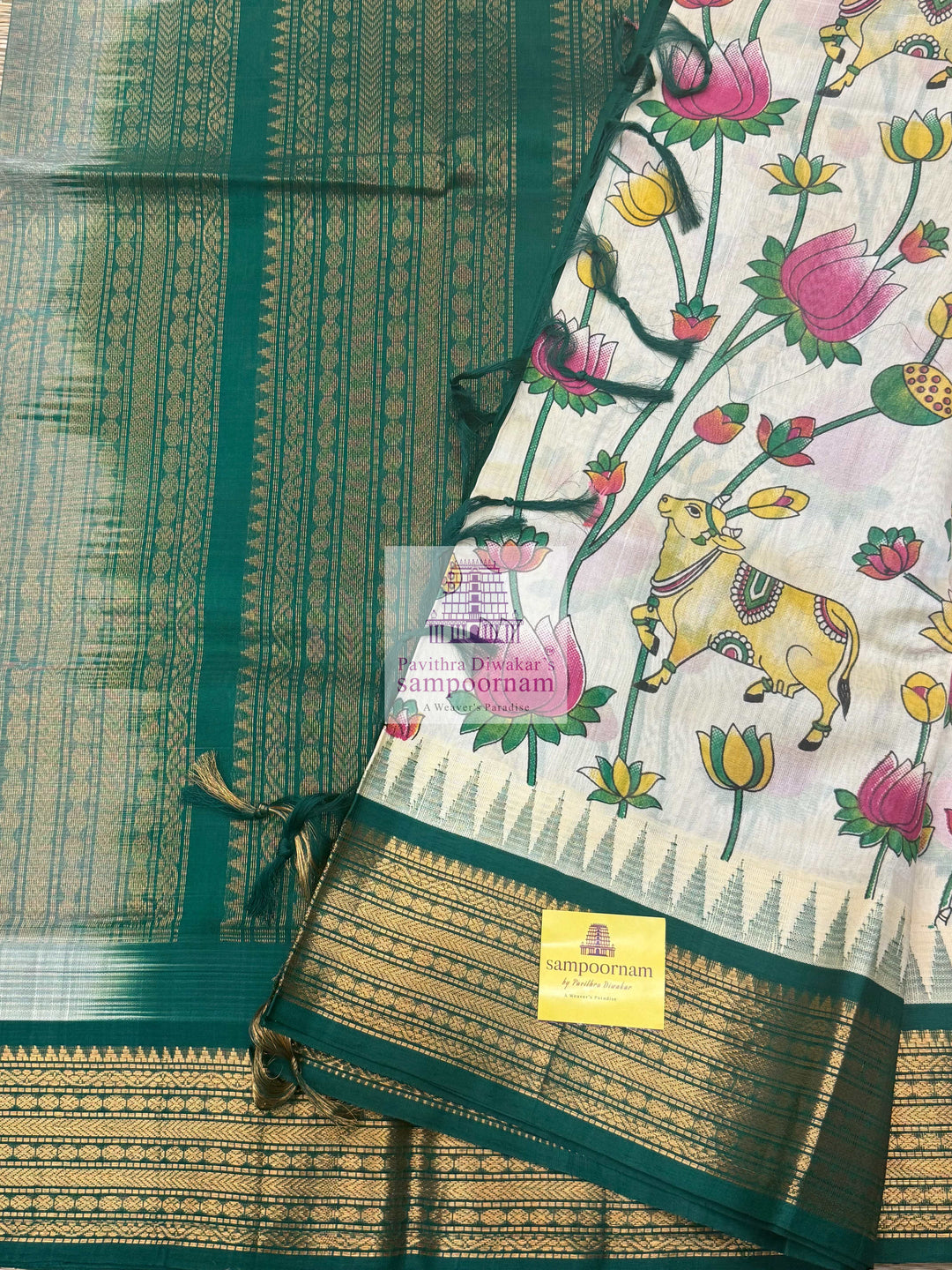 Offwhite with Green , Traditional Temple Border ,Pichwai Printed Korvai Silk Cotton Saree