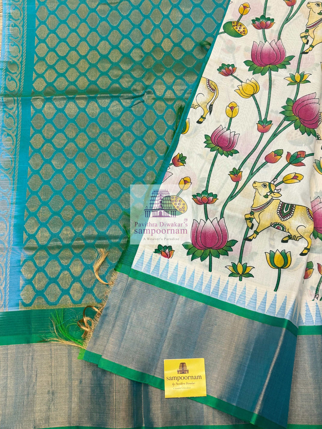 Offwhite with Sea Green, Tissue Temple Border ,Pichwai Printed Korvai Silk Cotton Saree