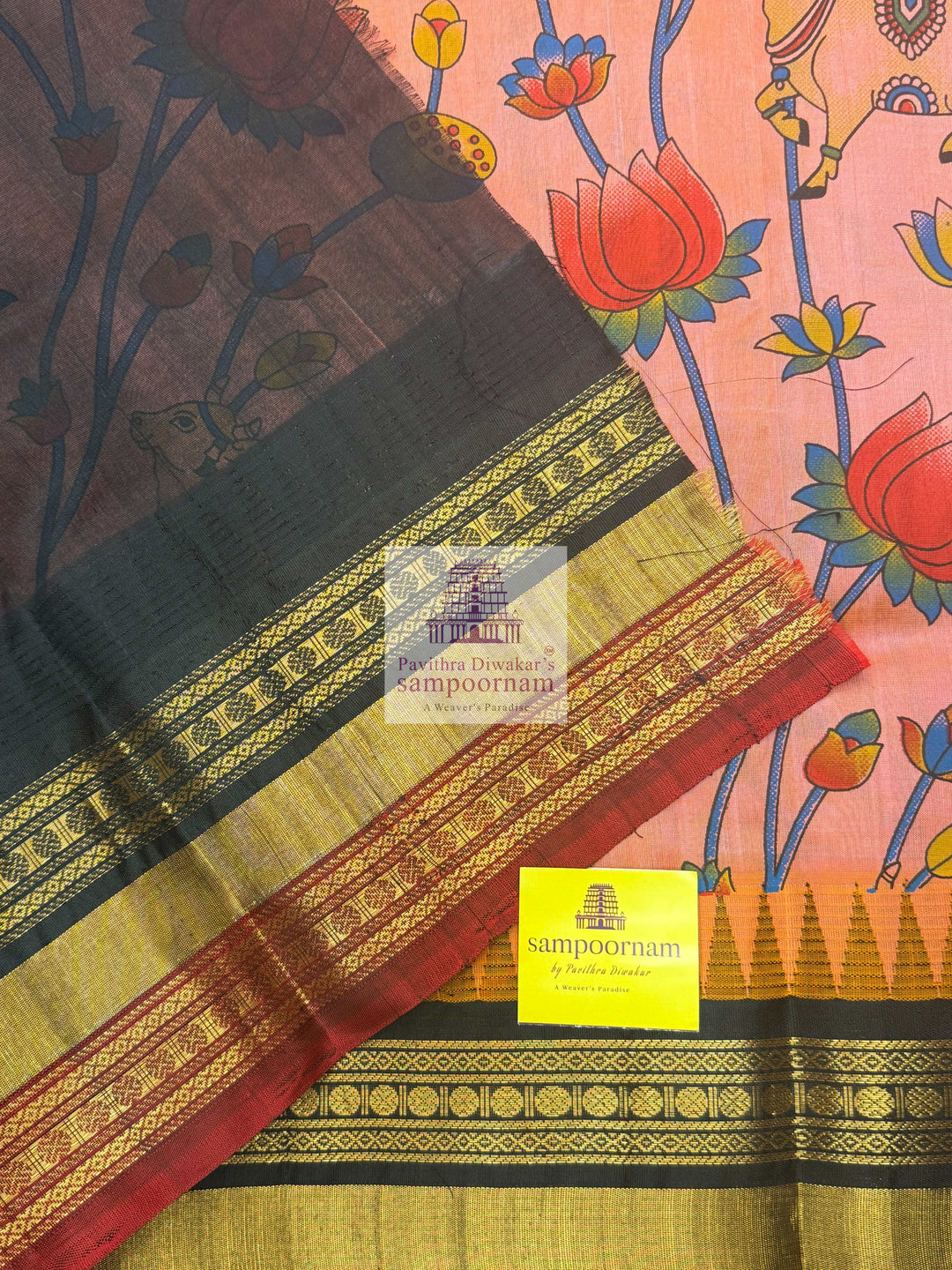 Peach Print with Black, Triple colour Temple border , Pichwai Printed Korvai Silk Cotton Saree