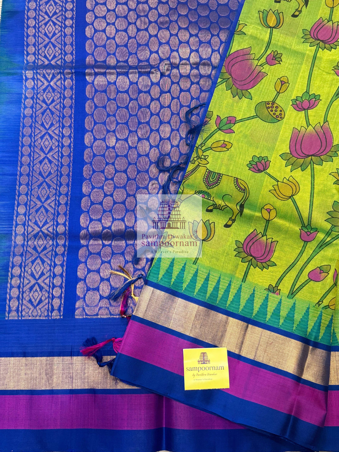 Sneha Green with Blue ,Triple colour Temple border , Pichwai Printed Korvai Silk Cotton Saree