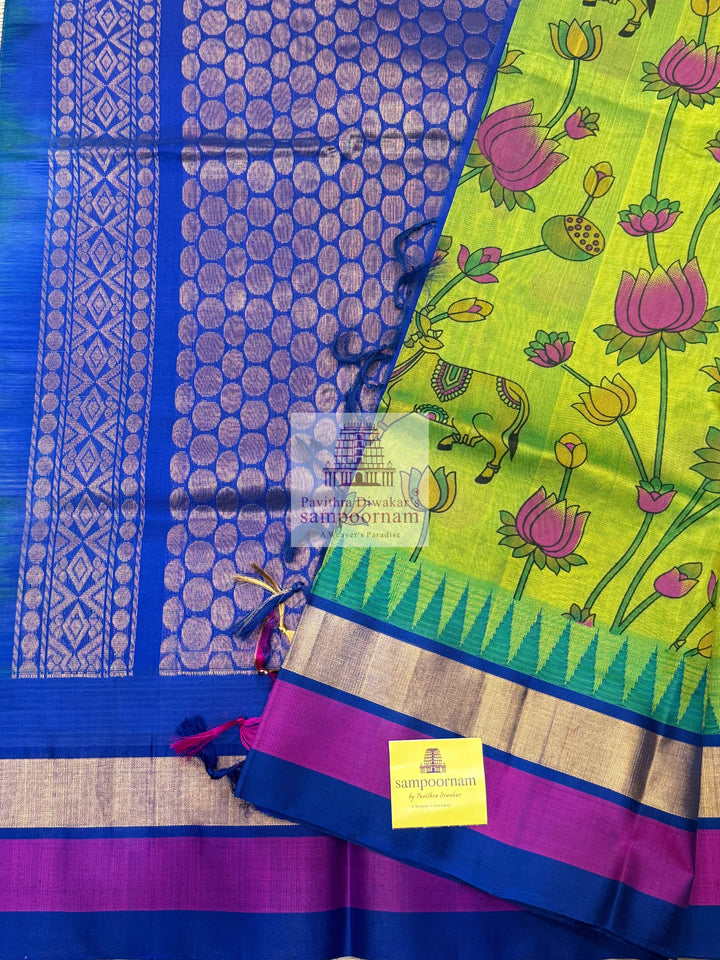 Sneha Green with Blue ,Triple colour Temple border , Pichwai Printed Korvai Silk Cotton Saree