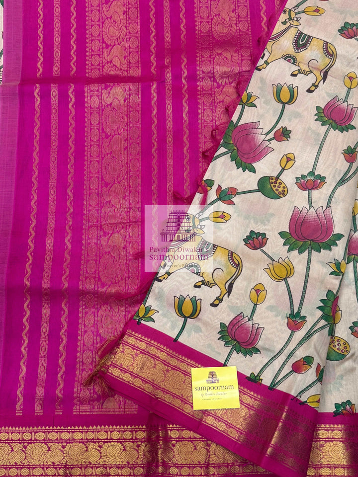 Offwhite with Pink , Traditional Borders and Rich Pallu Pichwai Printed Korvai Silk Cotton Saree