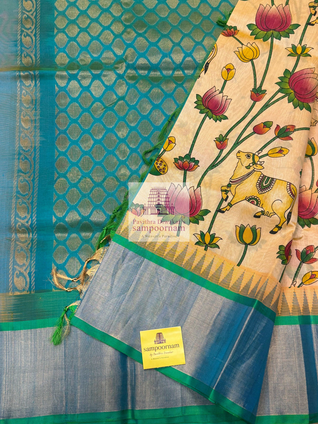 Pastel Yellow with Sea Green Temple Border ,Pichwai Printed Korvai Silk Cotton Saree