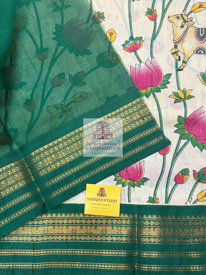 Offwhite with Green Temple Border, Traditional Borders and Rich Pallu, Pichwai Printed Korvai Silk Cotton Saree