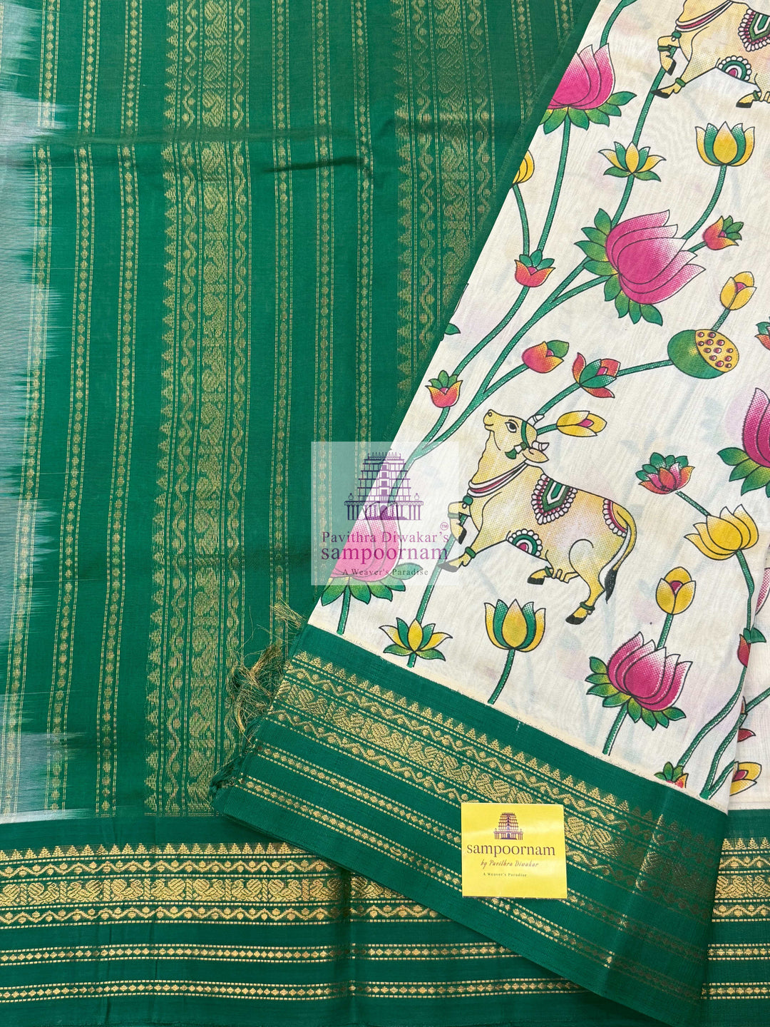 Offwhite with Green Temple Border, Traditional Borders and Rich Pallu, Pichwai Printed Korvai Silk Cotton Saree