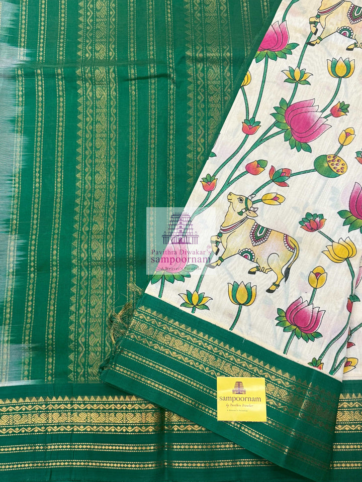 Offwhite with Green Temple Border, Traditional Borders and Rich Pallu, Pichwai Printed Korvai Silk Cotton Saree