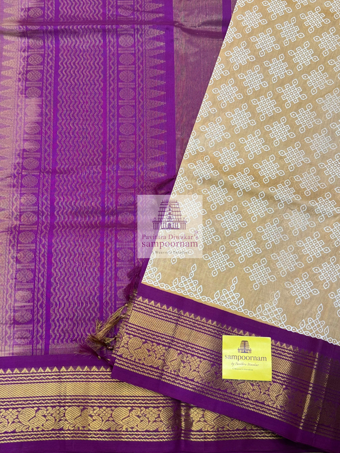 Light Gold with Magenta  , Kolam Prints all over the body , Traditional Rettapet border rich Pallu  Korvai Silk Cotton Saree