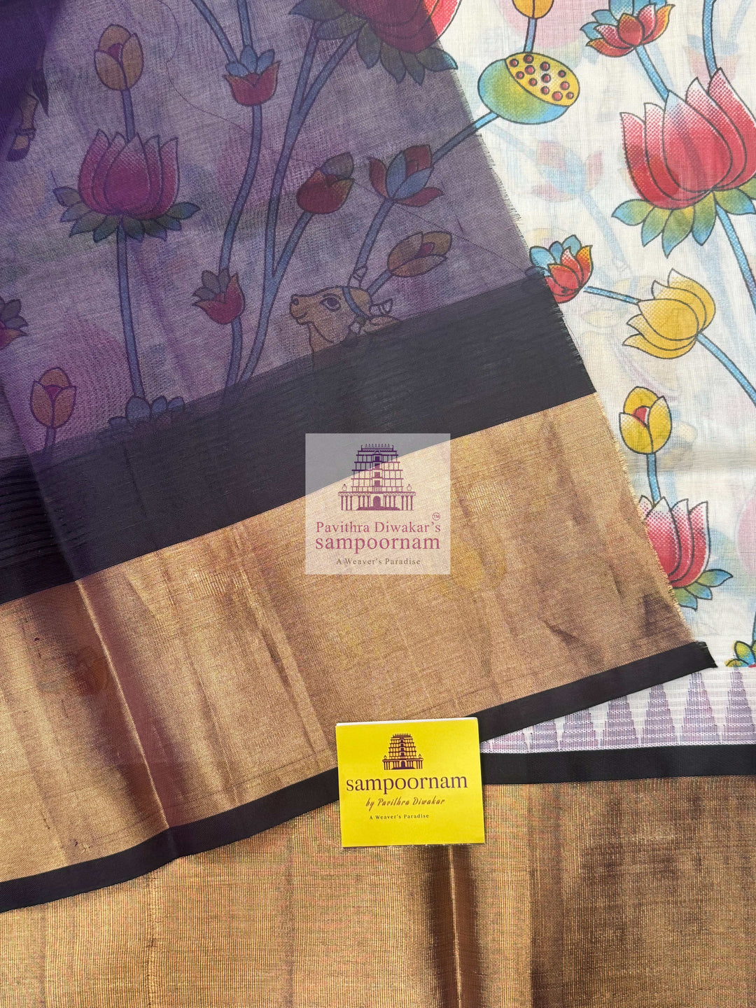 White With Purple, Tissue Temple Border ,Pichwai Printed Korvai Silk Cotton Saree