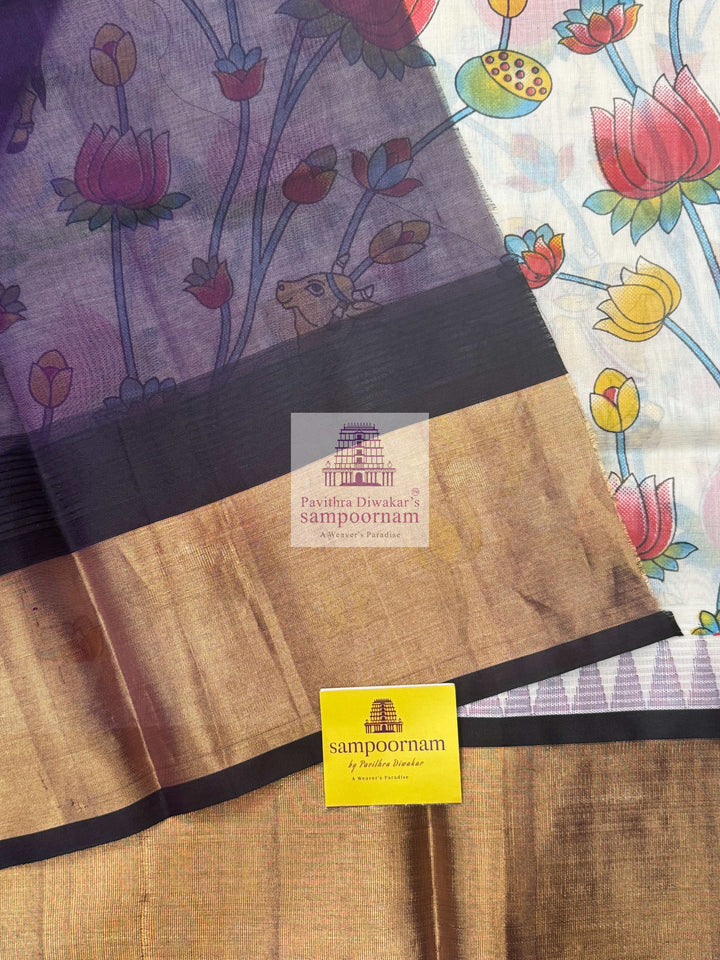 White With Purple, Tissue Temple Border ,Pichwai Printed Korvai Silk Cotton Saree