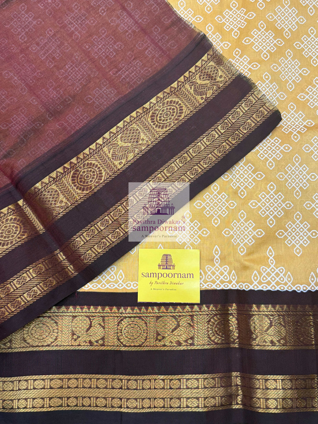 Light Gold with Araku  , Kolam Prints all over the body , rettapet border and rich Pallu , Korvai Silk Cotton Saree