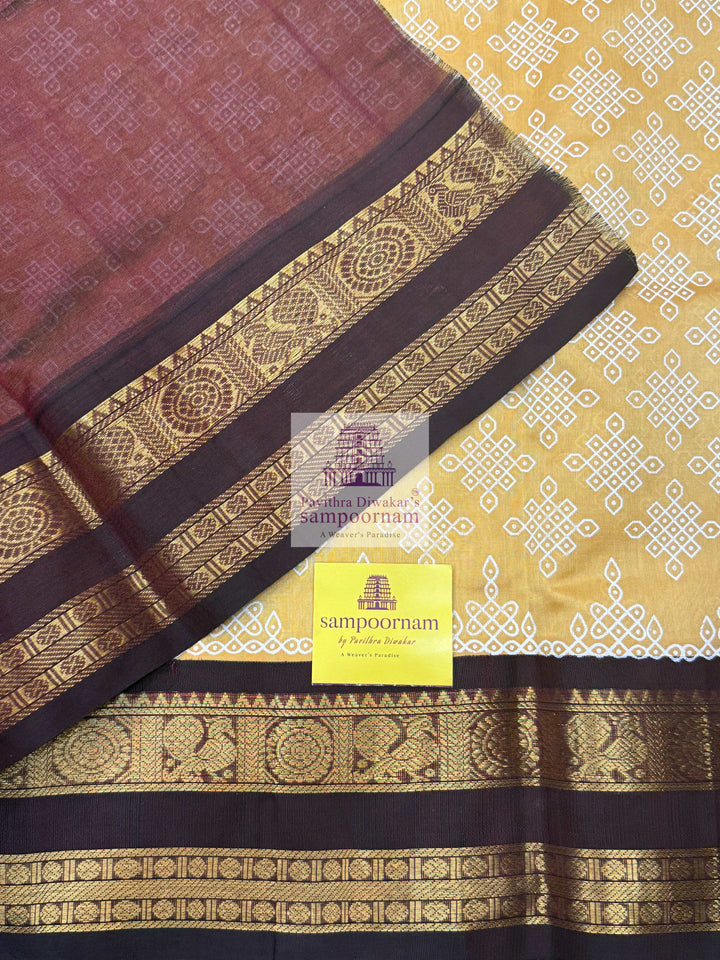 Light Gold with Araku  , Kolam Prints all over the body , rettapet border and rich Pallu , Korvai Silk Cotton Saree