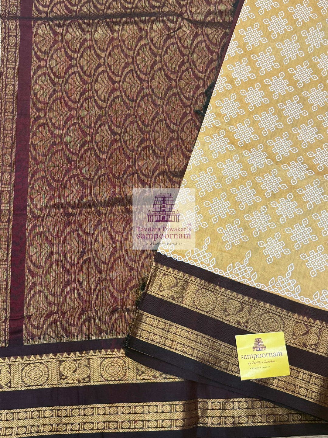 Light Gold with Araku  , Kolam Prints all over the body , rettapet border and rich Pallu , Korvai Silk Cotton Saree