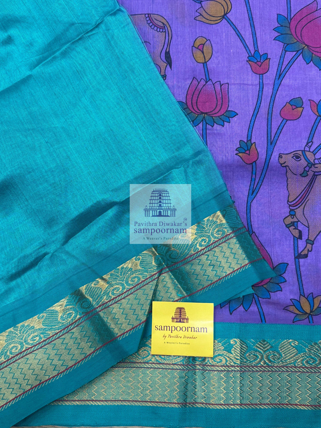 Lavender with Turquoise Blue ,Traditional Borders and Rich Pallu,  Pichwai Printed  Korvai Silk Cotton Saree