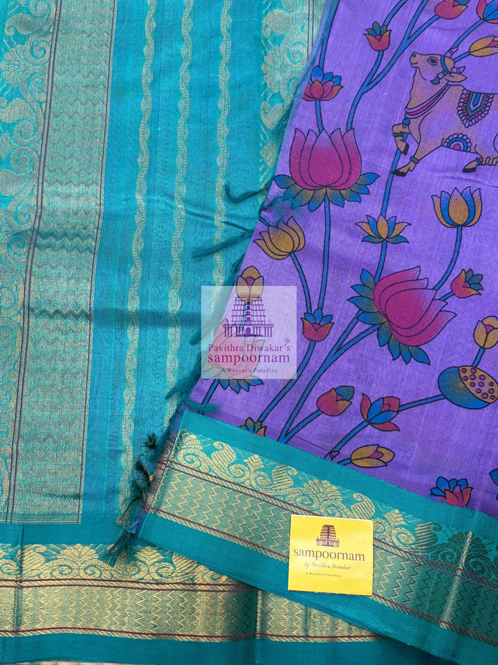 Lavender with Turquoise Blue ,Traditional Borders and Rich Pallu,  Pichwai Printed  Korvai Silk Cotton Saree