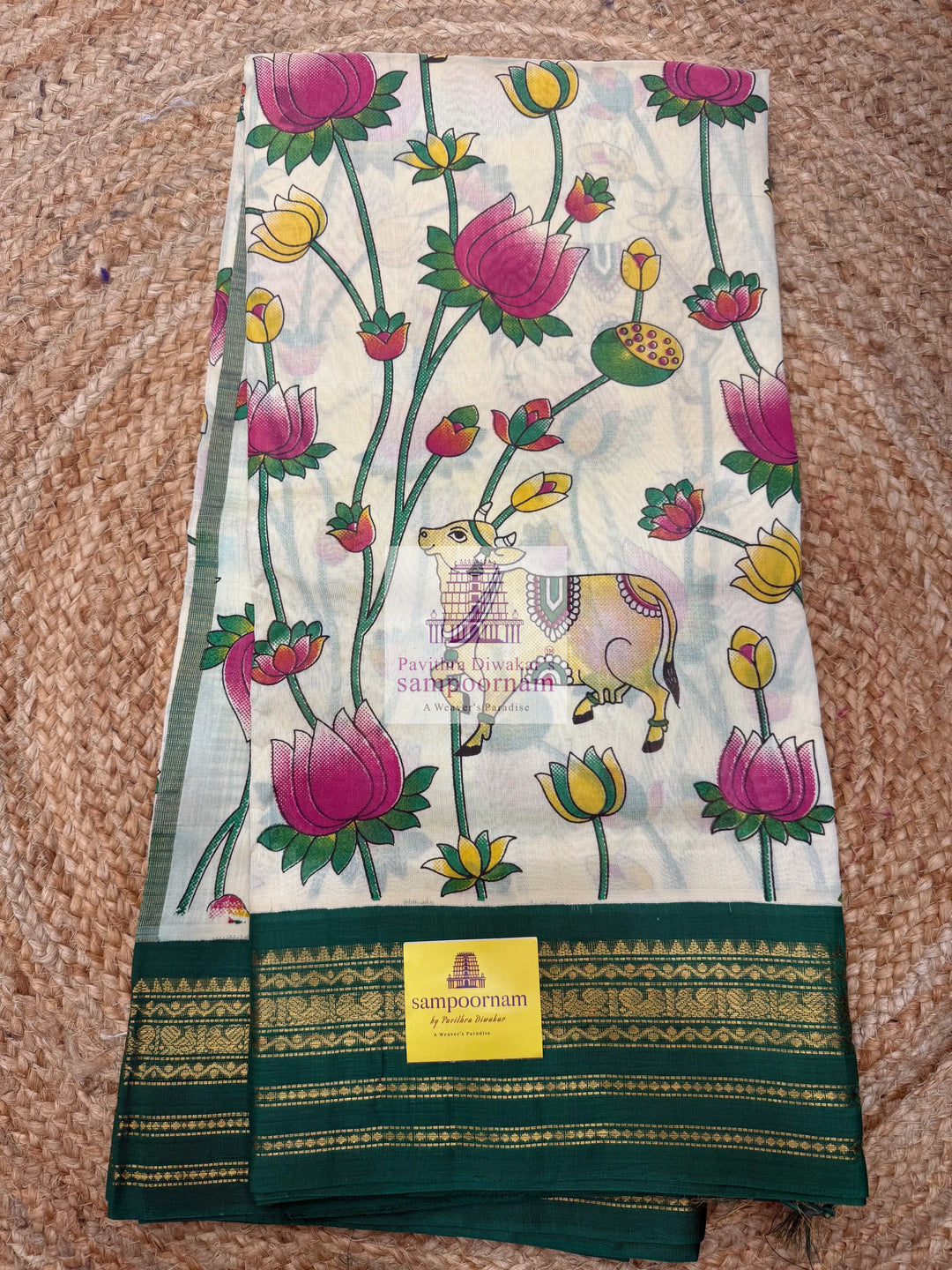 Offwhite with Green Temple Border, Traditional Borders and Rich Pallu, Pichwai Printed Korvai Silk Cotton Saree