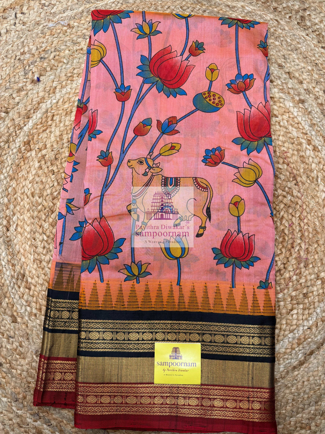 Peach Print with Black, Triple colour Temple border , Pichwai Printed Korvai Silk Cotton Saree
