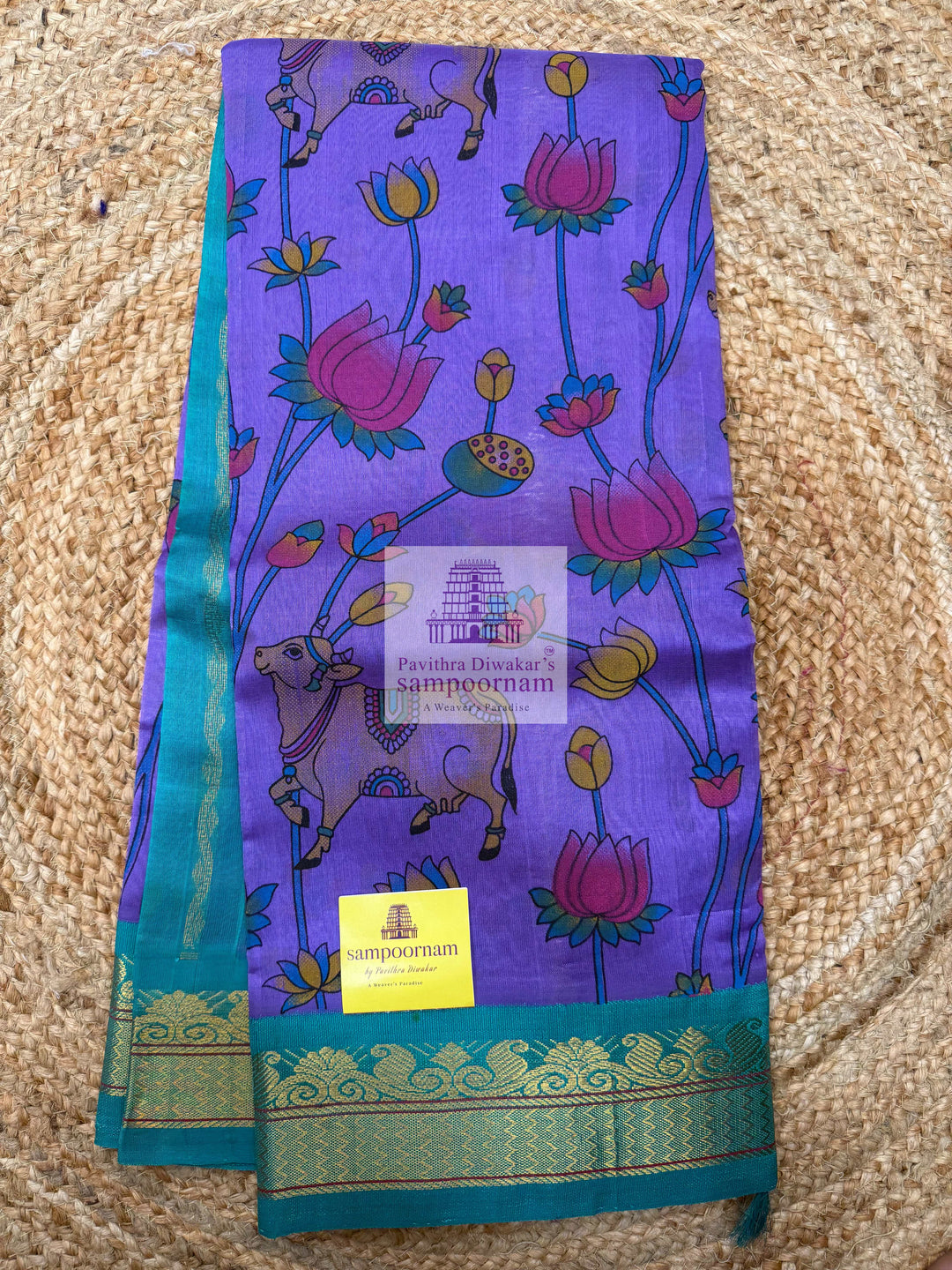 Lavender with Turquoise Blue ,Traditional Borders and Rich Pallu,  Pichwai Printed  Korvai Silk Cotton Saree