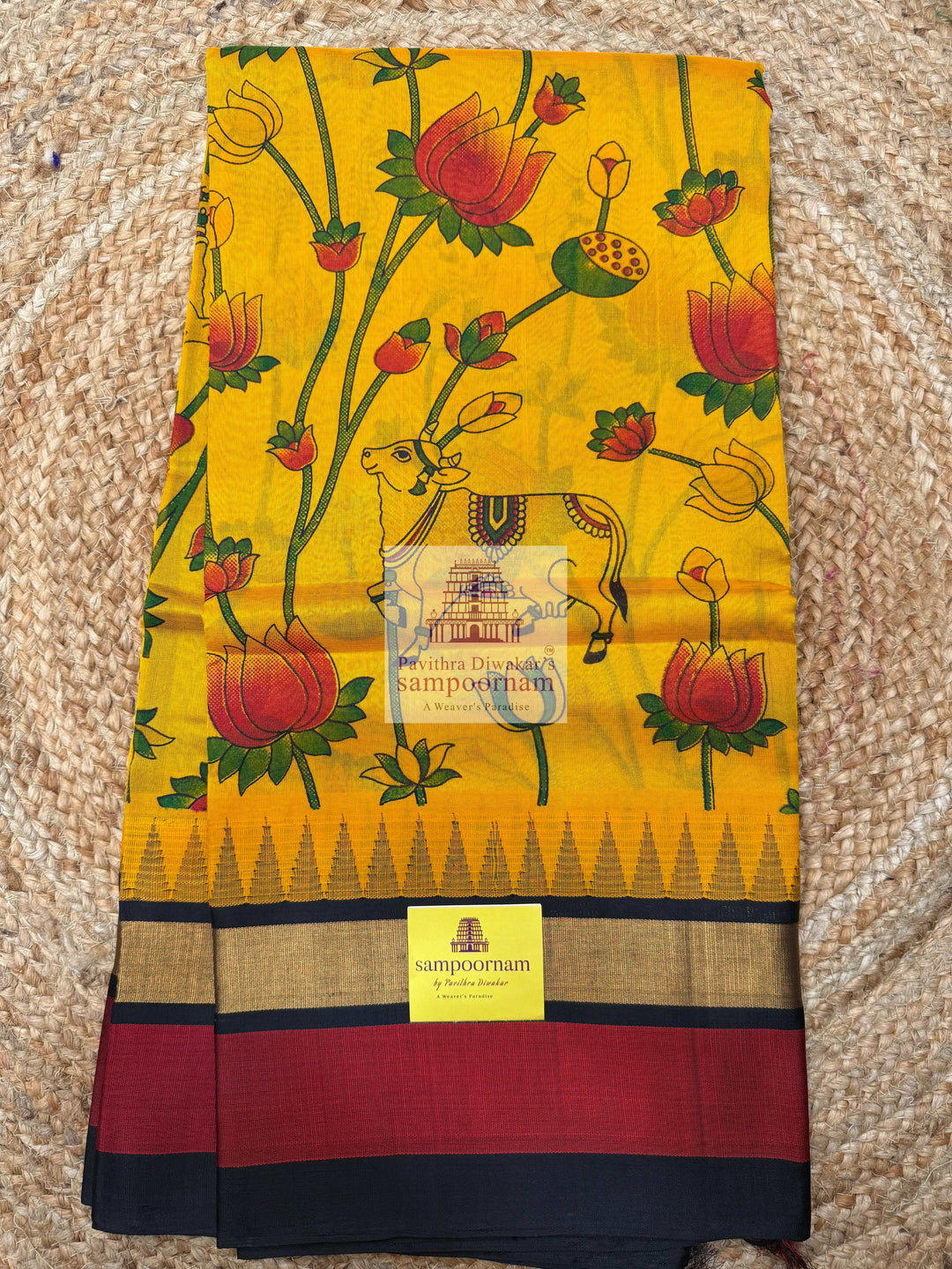 Yellow with Black , Triple colour Temple border and Grand Pallu , Pichwai Printed Korvai Silk Cotton Saree