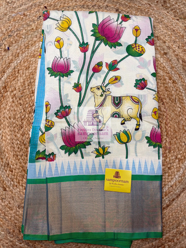 Offwhite with Sea Green, Tissue Temple Border ,Pichwai Printed Korvai Silk Cotton Saree