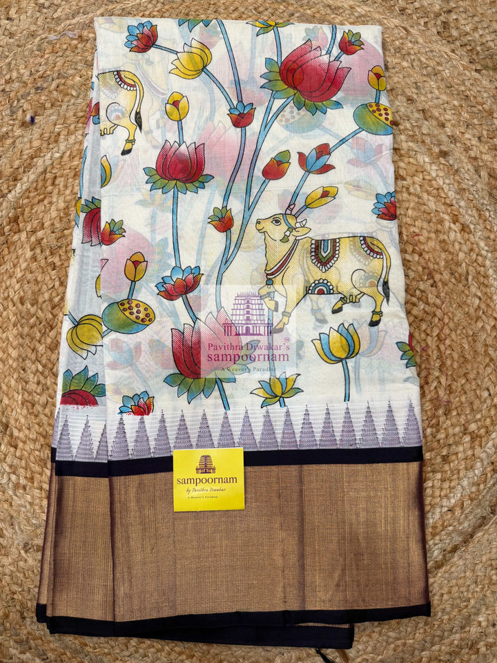 White With Purple, Tissue Temple Border ,Pichwai Printed Korvai Silk Cotton Saree