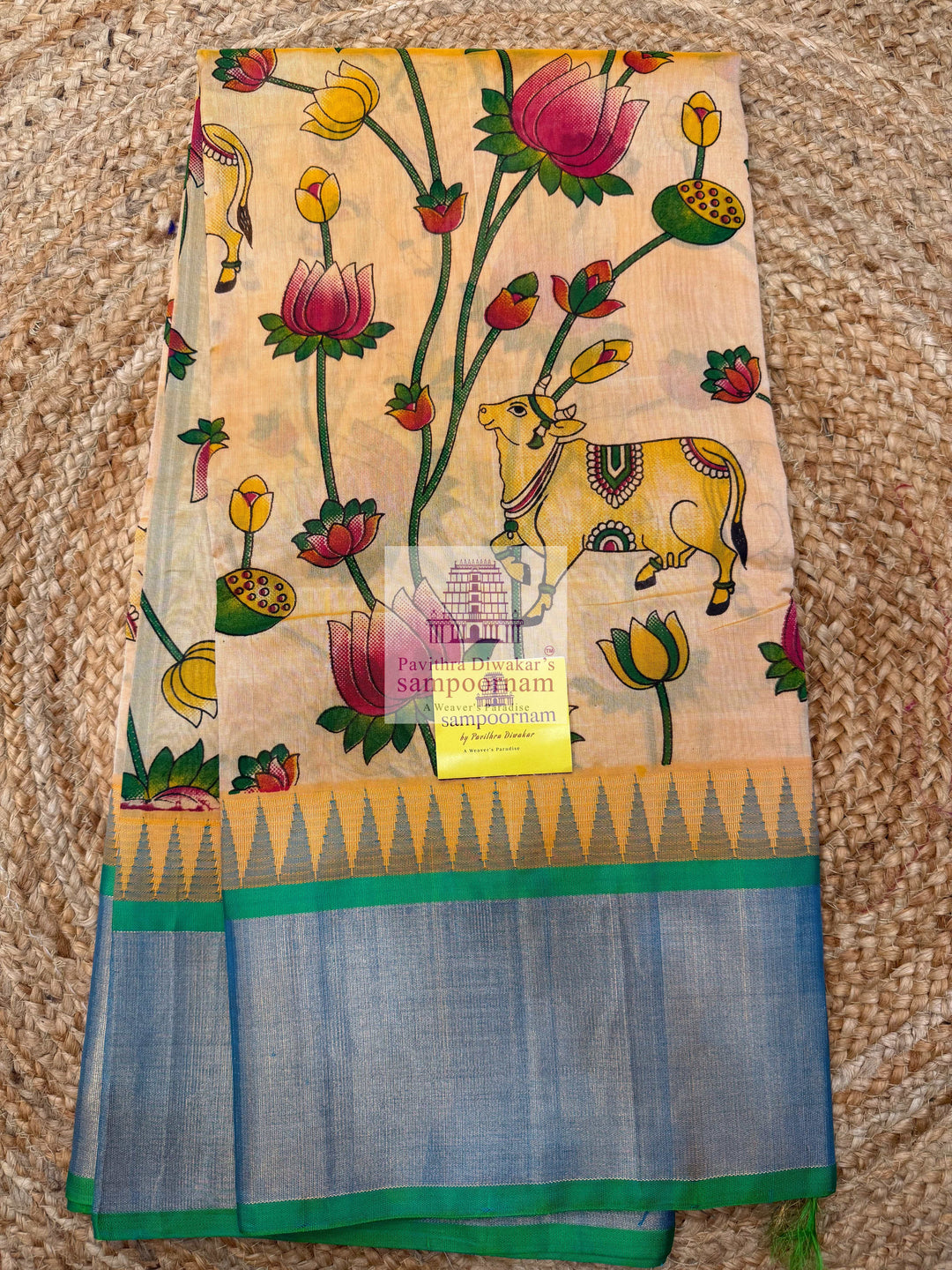 Pastel Yellow with Sea Green Temple Border ,Pichwai Printed Korvai Silk Cotton Saree