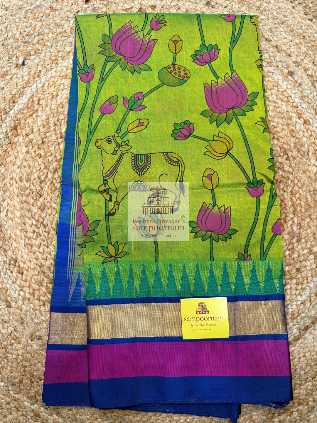 Sneha Green with Blue ,Triple colour Temple border , Pichwai Printed Korvai Silk Cotton Saree