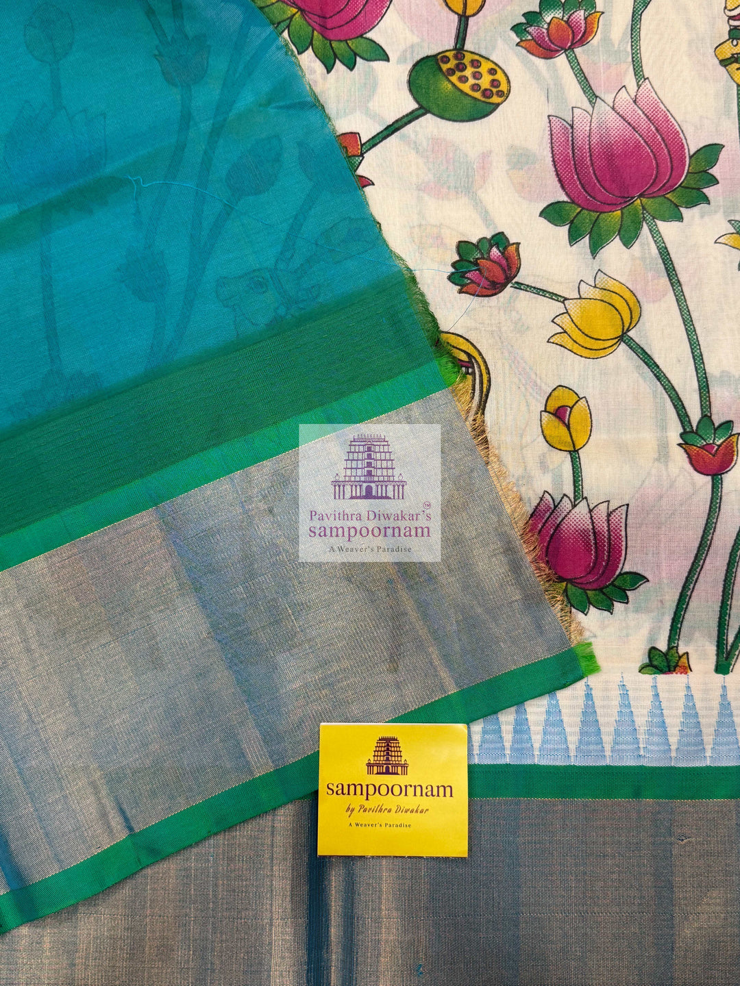 Offwhite with Sea Green, Tissue Temple Border ,Pichwai Printed Korvai Silk Cotton Saree