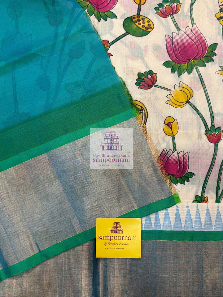 Offwhite with Sea Green, Tissue Temple Border ,Pichwai Printed Korvai Silk Cotton Saree