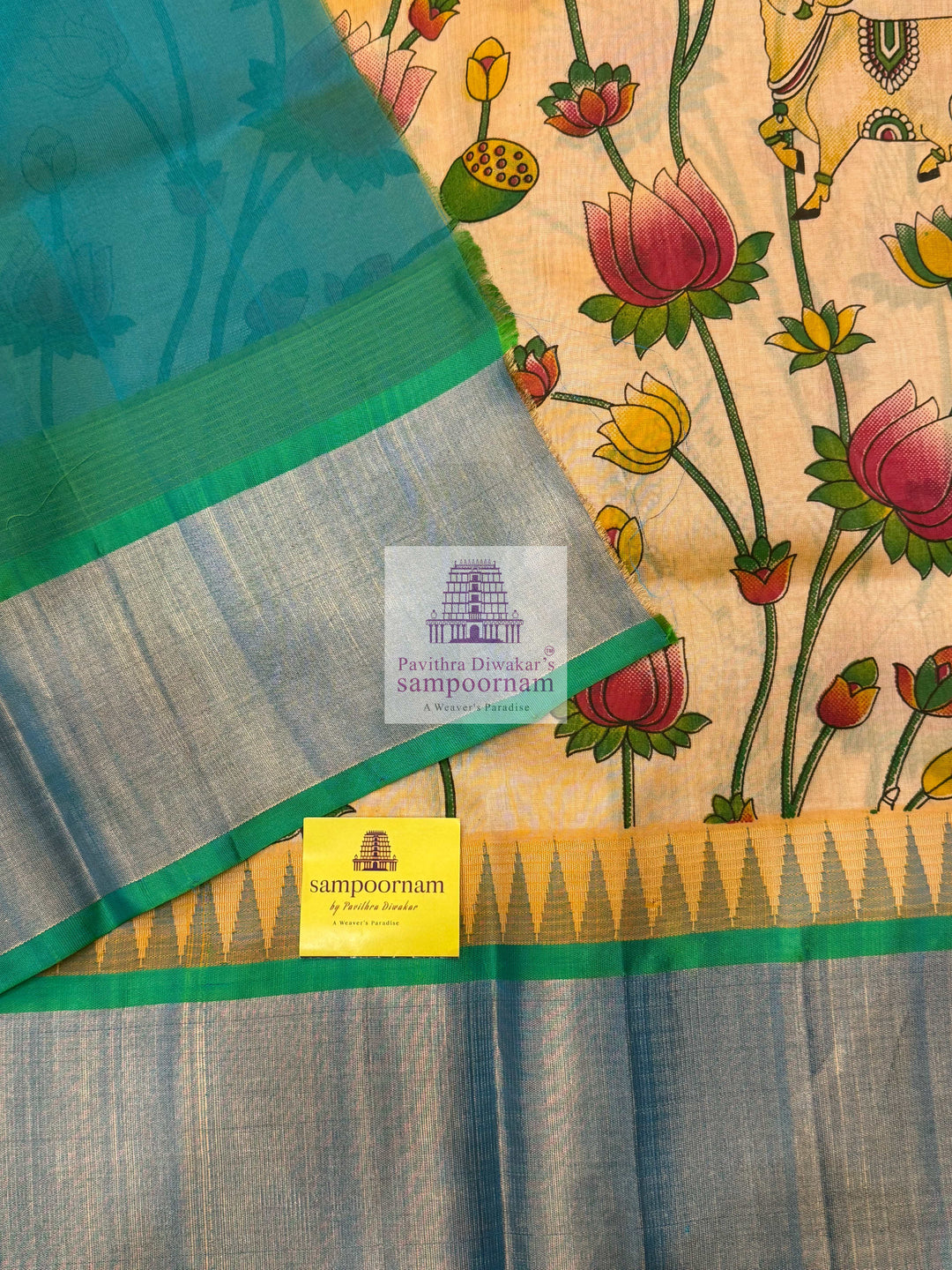 Pastel Yellow with Sea Green Temple Border ,Pichwai Printed Korvai Silk Cotton Saree