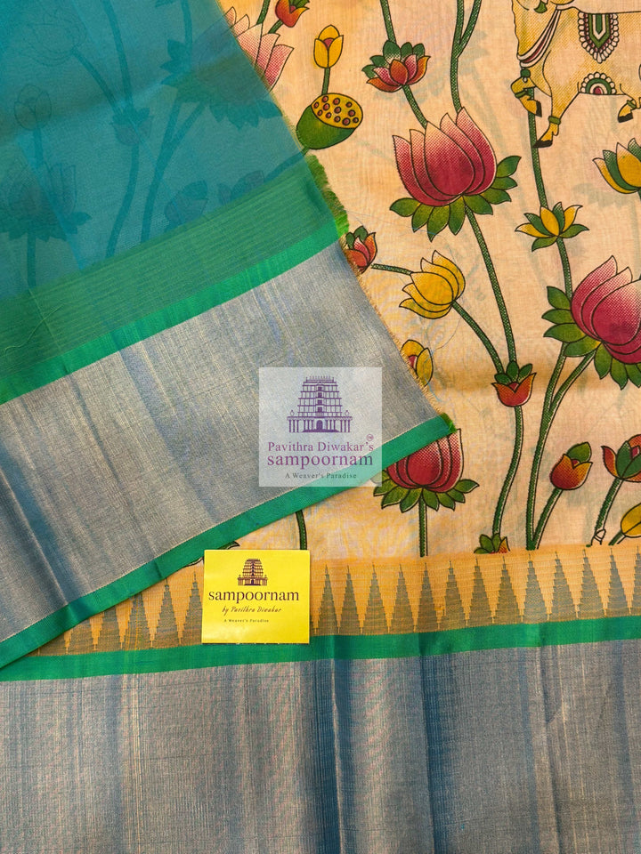 Pastel Yellow with Sea Green Temple Border ,Pichwai Printed Korvai Silk Cotton Saree