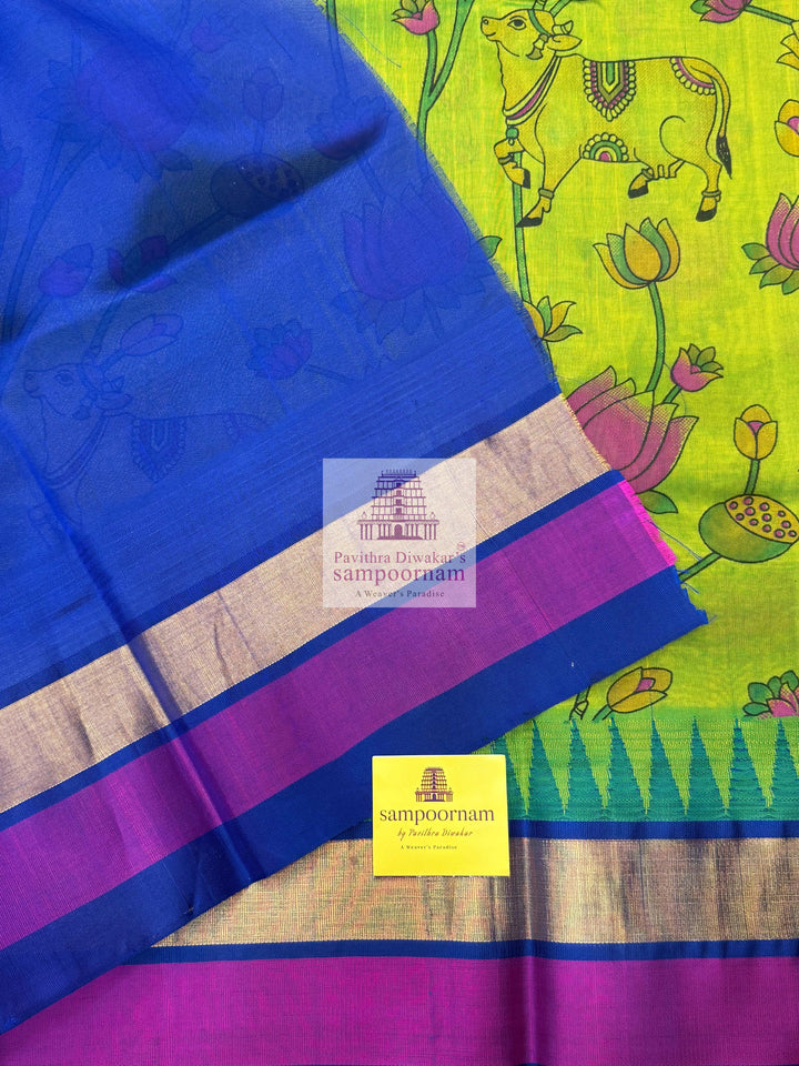 Sneha Green with Blue ,Triple colour Temple border , Pichwai Printed Korvai Silk Cotton Saree